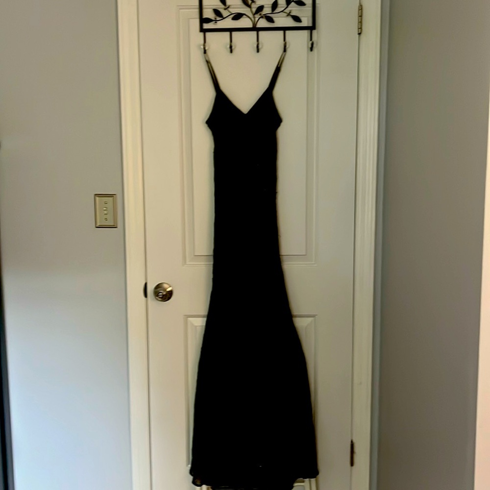 Vintage Hollywood style black evening gown with sewn on beads.
